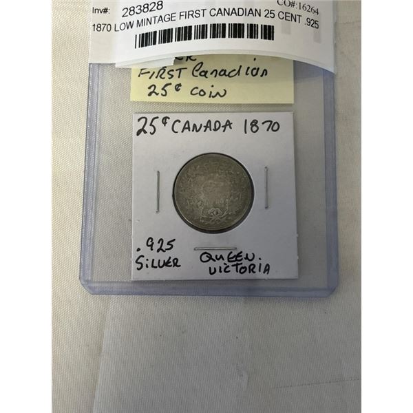1870 LOW MINTAGE FIRST CANADIAN 25 CENT .925 SILVER QUEEN VICTORIA