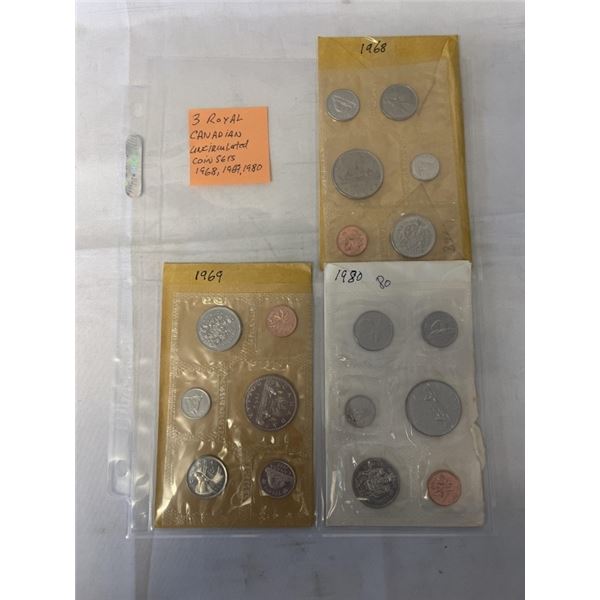 3 ROYAL CANADIAN UNCIRCULATED COIN SETS 1968, 1969, 1980