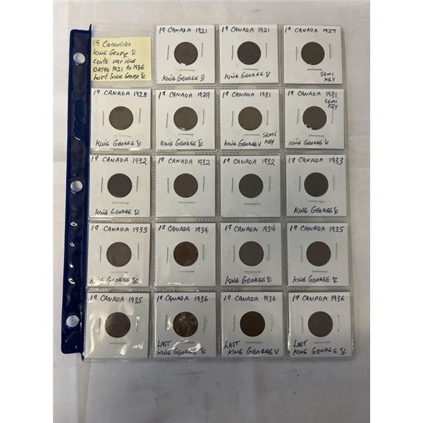 19 CANADIAN KING GEORGE V CENTS VARIOUS DATES 1921-1935