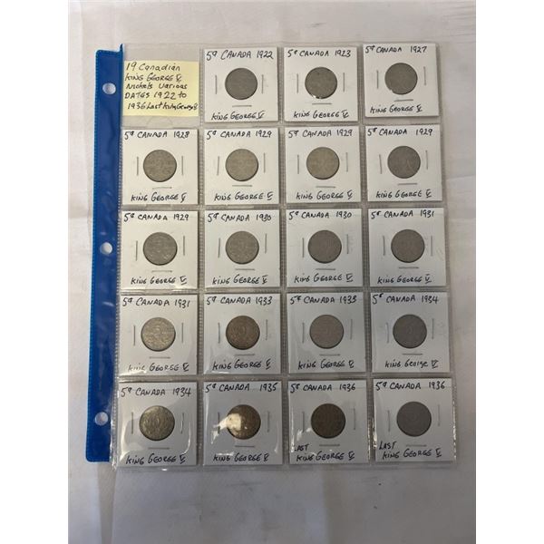 19 CANADIAN KING GEORGE V NICKELS VARIOUS DATES 1922 TO 1936 LAST KING GEORGE V NICKEL