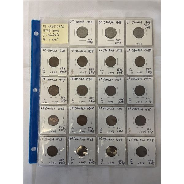 19 KEY DATE 1948 COINS, 3 NICKELS, 16 1 CENT COINS