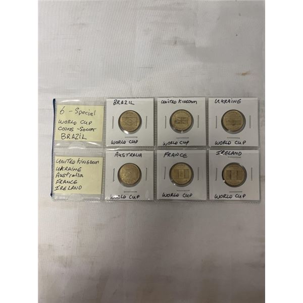 6 SPECIAL "WORLD CUP COINS" SOCCER BRAZIL, UK, UKRAINE, AUSTRALIA