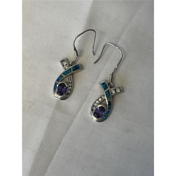 925 STERLING SILVER W/ AMETHYST AND OPAL STONES DANGLE EARRINGS