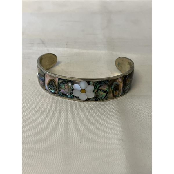 MEXICAN SILVER W/ ABLEONE AND MOTHER OF PEARL INLAID OPEN CUFF BANGLE