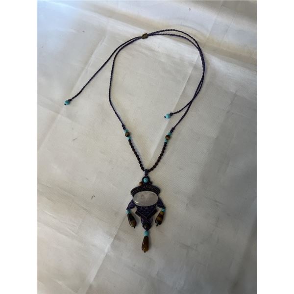 HAND CRAFTED W/ ROCK CRYSTAL STONES AND TIGERS EYE STONE TASSELS NECKLACE