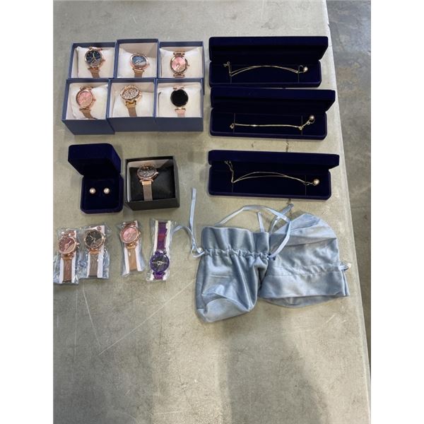 LOT OF NEW JEWELLERY - WATCHES, EARRINGS, NECKLACES, ETC
