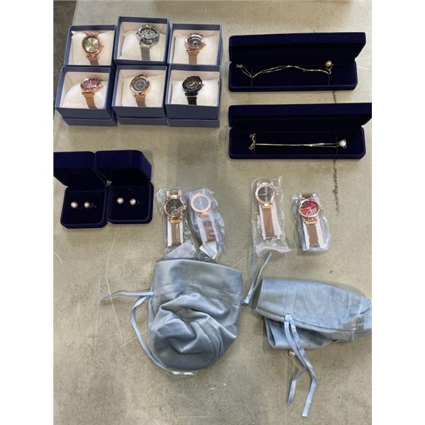 LOT OF NEW JEWELLERY - WATCHES, EARRINGS, NECKLACES, ETC