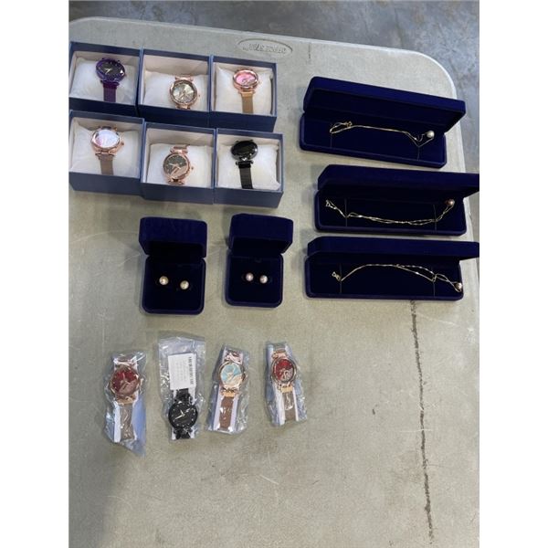 LOT OF NEW JEWELLERY - WATCHES, EARRINGS, NECKLACES, ETC
