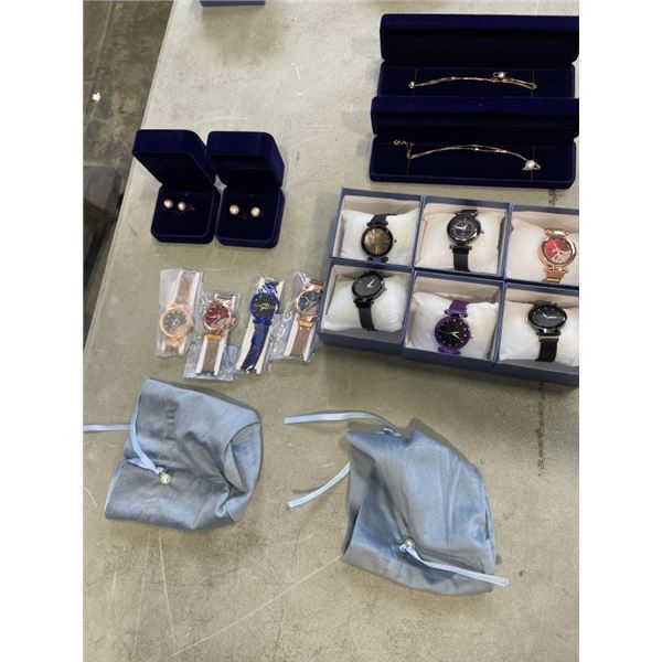 LOT OF NEW JEWELLERY - WATCHES, EARRINGS, NECKLACES, ETC
