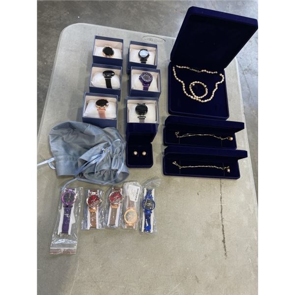 LOT OF NEW JEWELLERY - WATCHES, EARRINGS, NECKLACES, ETC