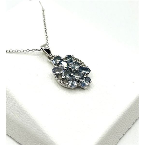 STERLING SILVER NATURAL TANZANITE AND NATURAL WHITE TOPAZ PENDANT WITH STERLING SILVER CHAIN, RETAIL