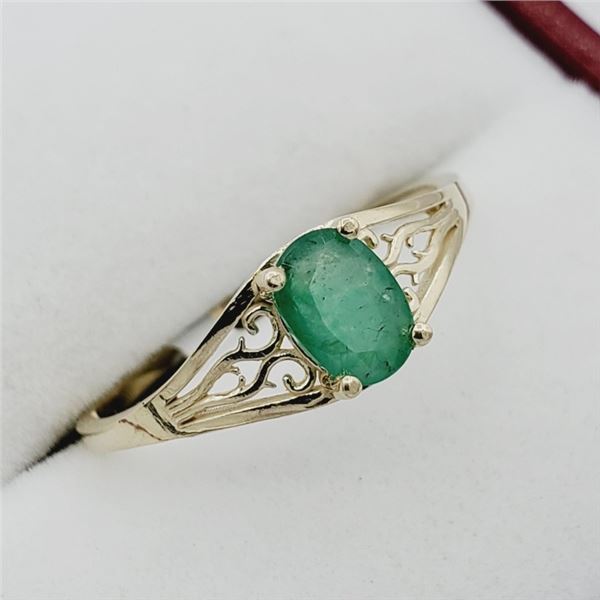 10KT YELLOW GOLD NATURAL EMERALD (0.36CT) RING, SIZE 6.25, W/A $1075.00. EMERALD IS THE BIRTHSTONE F