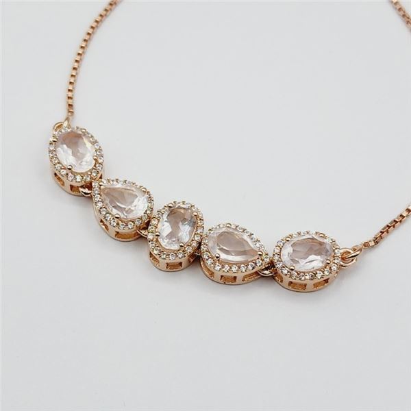 ROSE GOLD PLATED STERLING SILVER NATURAL ROSE QUARTZ (3.22CT) WITH CZ (0.80CT) ADJUSTABLE BRACELET, 
