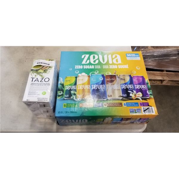 PARTIAL CASE OF ZEVI ZERO SUGAR SODA DRINKS AND 3 TAZO GREEN TEA MATCHA LATTE, EXP. JAN. 2026
