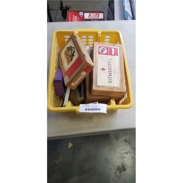 BASKET OF VINTAGE CIGAR AND CIGARETTE BOXES AND TINS