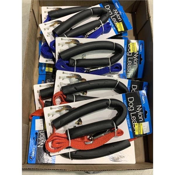 TRAY OF NEW 48 INCH NYLON DOG LEASHES WITH PADDED HANDLE