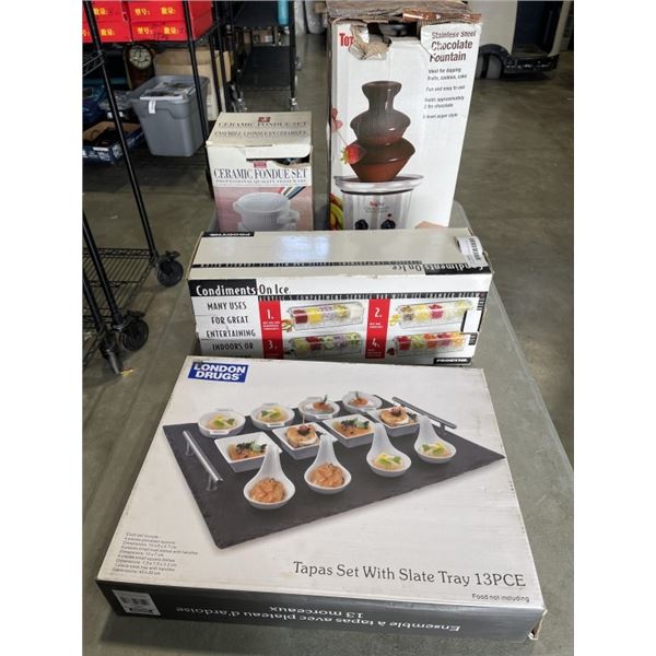 2 FONDUE SETS, TAPAS SET, AND CONDIMENT ICE TRAY
