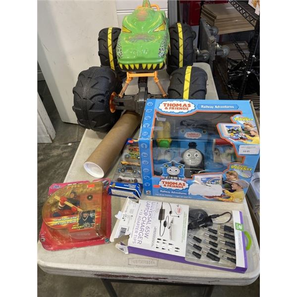 BOX OF TOYS SOME NEW AND LARGE MONSTER TRUCK WORKING NEEDS CONTROLLER