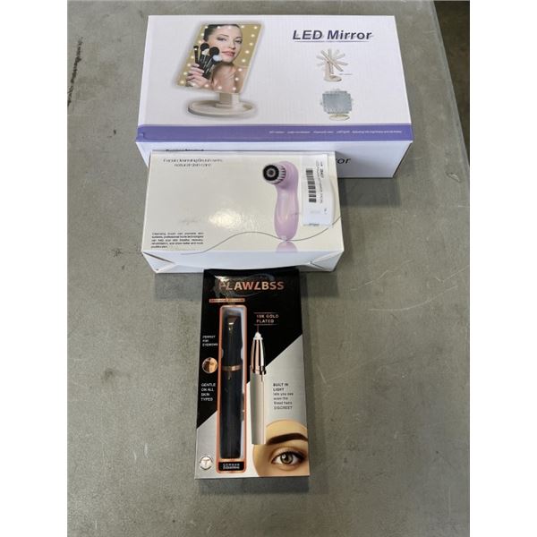 LED FOLDING VANITY MIRROR, FACIAL CLENSING BRUSH, AND FACIAL HAIR REMOVAL TOOL