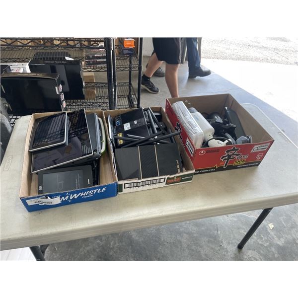 3 BOXES OF ASSORTED ELECTRONICS - TABLETS FOR PARTS, SECURITY CAMERAS, ETC