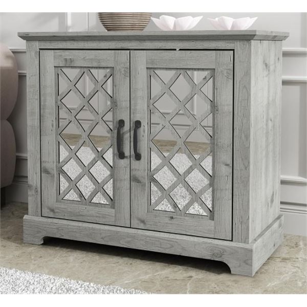 NEW GALANO MILLICENT 2 DOOR ACCENT CABINET DUSTY GREY OAK, WITH MIRRORED DOORS