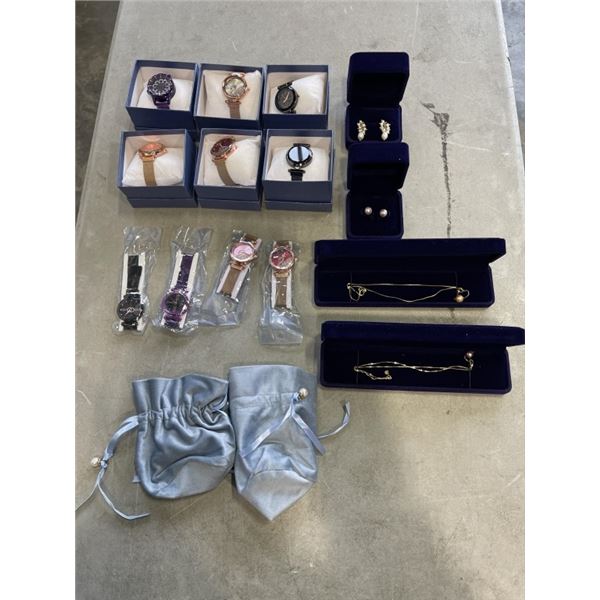 LOT OF NEW JEWELLERY - WATCHES, EARRINGS, NECKLACES, ETC