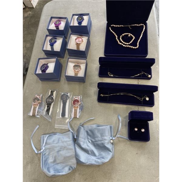 LOT OF NEW JEWELLERY - WATCHES, EARRINGS, NECKLACES, ETC