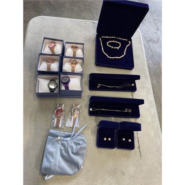 LOT OF NEW JEWELLERY - WATCHES, EARRINGS, NECKLACES, ETC