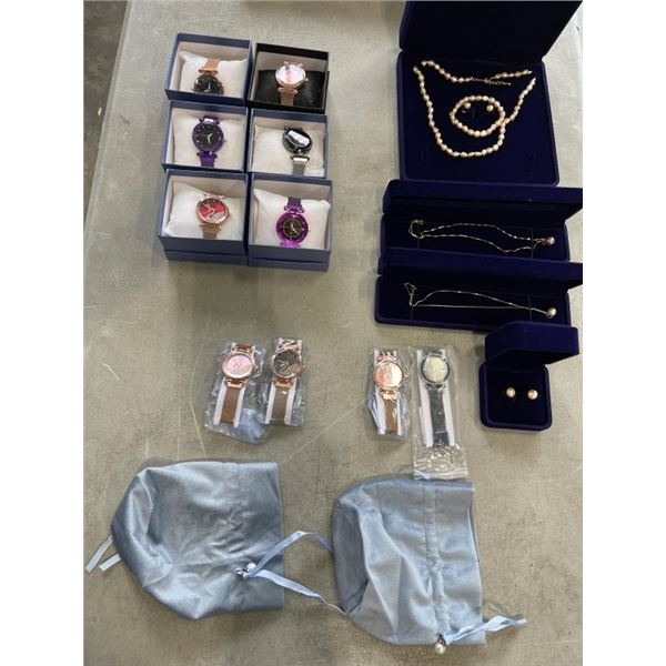LOT OF NEW JEWELLERY - WATCHES, EARRINGS, NECKLACES, ETC