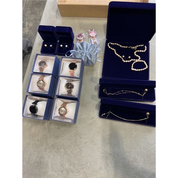 LOT OF NEW JEWELLERY - WATCHES, EARRINGS, NECKLACES, ETC