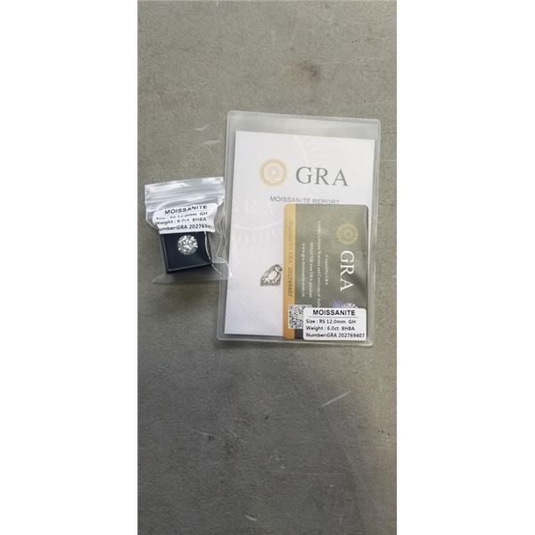 NEW 6.0 CARAT MOISSANITE LAB DIAMOND, ROUND BRILLIANT CUT, GH-VVS1, GRA REPORT, TESTS POSITIVE W/ DI