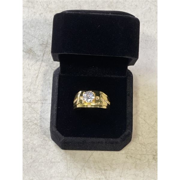 NEW 14K GOLD PLATED 1.0CT SIMULATED DIAMOND (CZ) MANS RING, RESIZEABLE