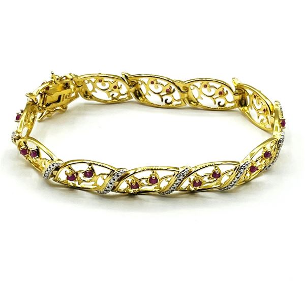 GOLD PLATED STERLING SILVER NATURAL RUBIES (1.15CT) WITH NATURAL DIAMOND (0.01CT) 7" LONG BRACELET, 