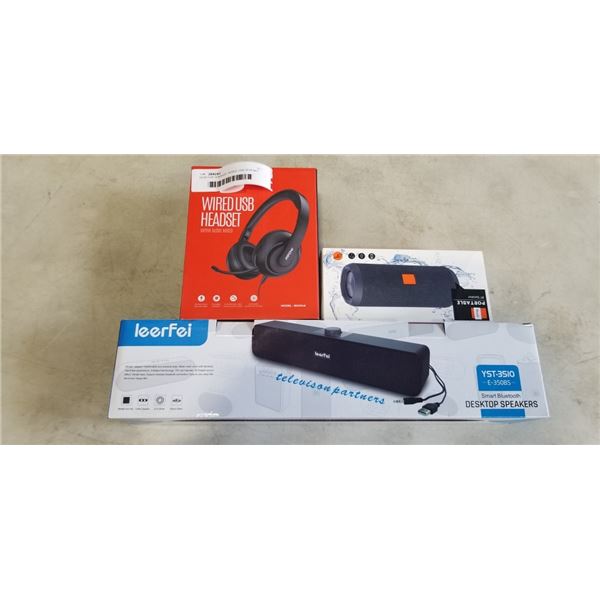 DESKTOP SPEAKER, WIRED USB HEADSET, AND BLUETOOTH SPEAKER