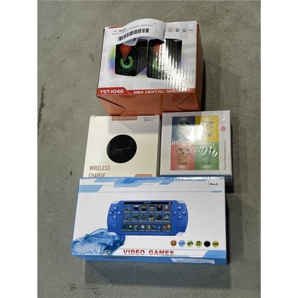 MINI BLUETOOTH SPEAKERS, HANDHELD GAMER, WIRELESS EARBUDS, AND WIRELESS CHARGER