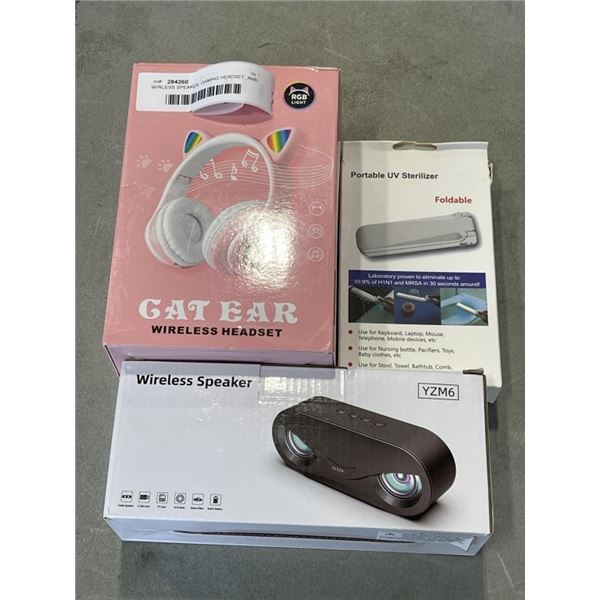 WIRLESS SPEAKER, GAMING HEADSET, AND PORTABLE UV SANITIZER
