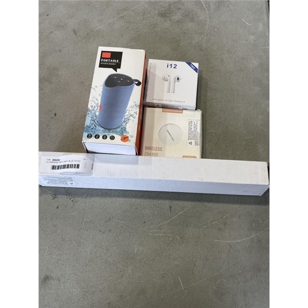 UV DISINFECTANT LIGHT, BLUETOOTH SPEAKER, WIRELESS EARBUDS, AND CHARGE PAD