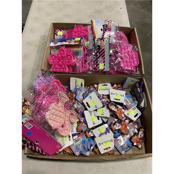 TRAY OF NEW FROZEN RUBBER KEYCHAINS AND LOL AND PAW PATROL POP SOCKETS