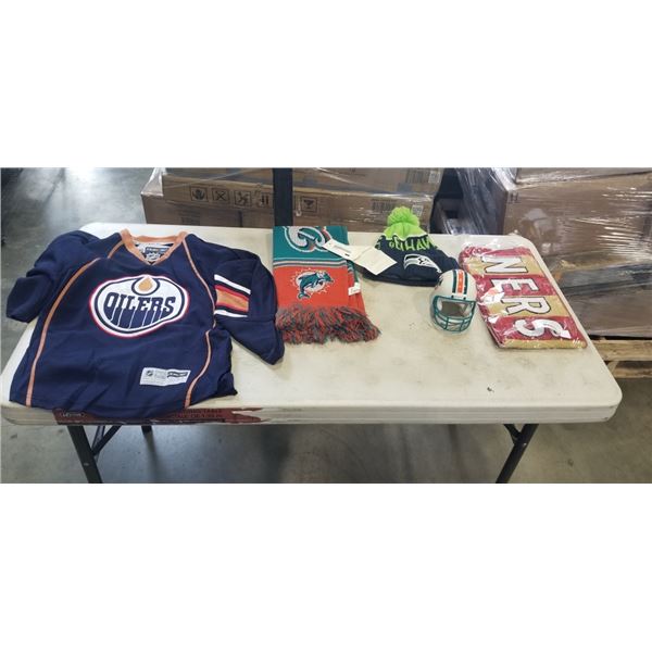 ASSORTED NFL BRANDED GEAR, AND EDMONTON OILERS YOUTH JERSEY