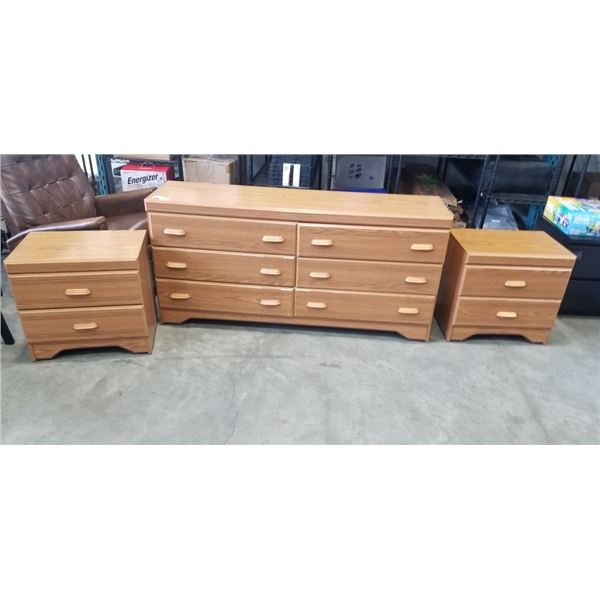 OAK DRESSER AND PAIR OF NIGHT STAINDS, MADE IN CANADA