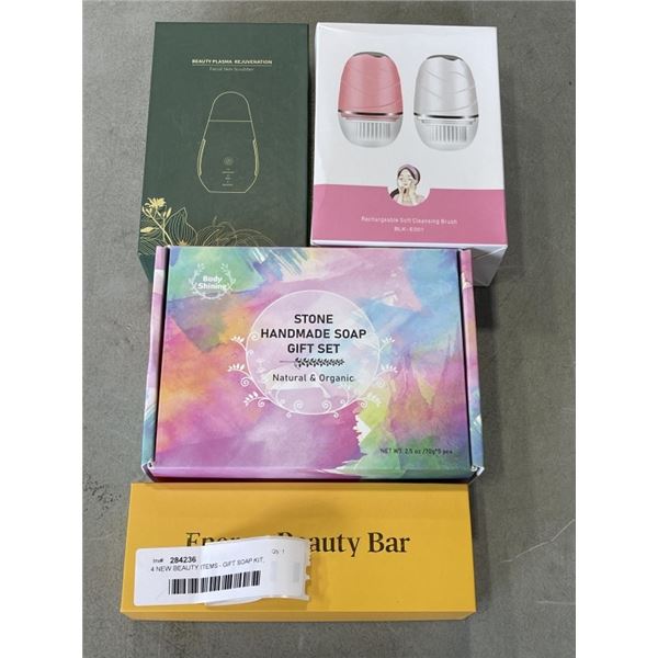 4 NEW BEAUTY ITEMS - GIFT SOAP KIT, CLENSING BRUSH, SKIN SCRUBBER, AND BEAUTY BAR
