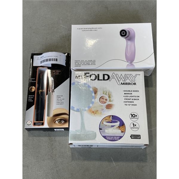 LED FOLDING VANITY MIRROR, FACIAL CLENSING BRUSH, AND FACIAL HAIR REMOVAL TOOL