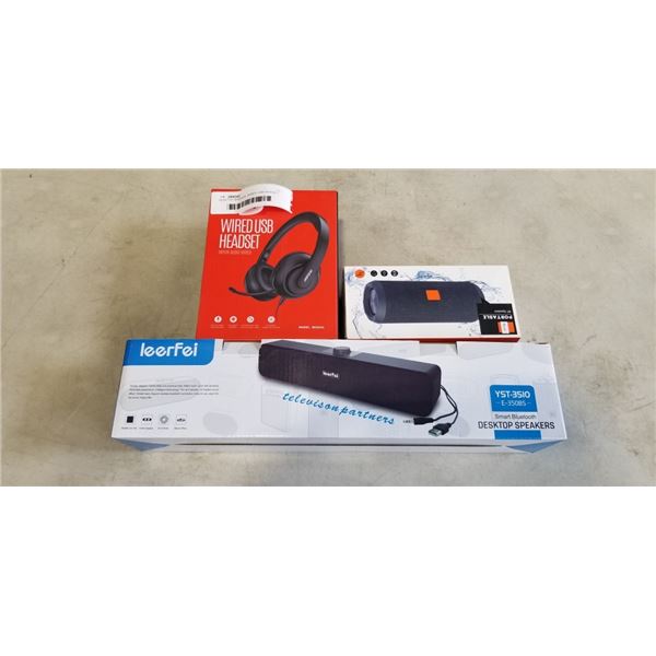 DESKTOP SPEAKER, WIRED USB HEADSET, AND BLUETOOTH SPEAKER