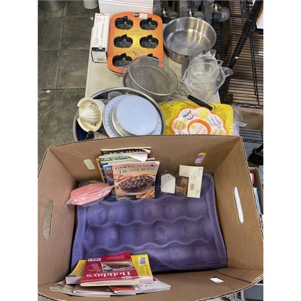 LARGE BOX OF KITCHEN ITEMS - FRYING PANS, NEW BAKING SHEETS, ETC