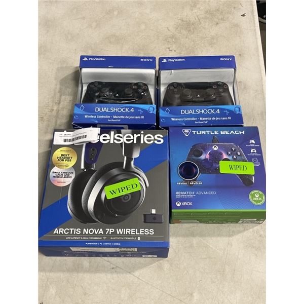 TWO PLAYSTATION 4 CONTROLLERS, TURTLE BEACH XBOX CONTROLLER AND STEEL SERIES ARCTIS NOVA 7P WIRESLES