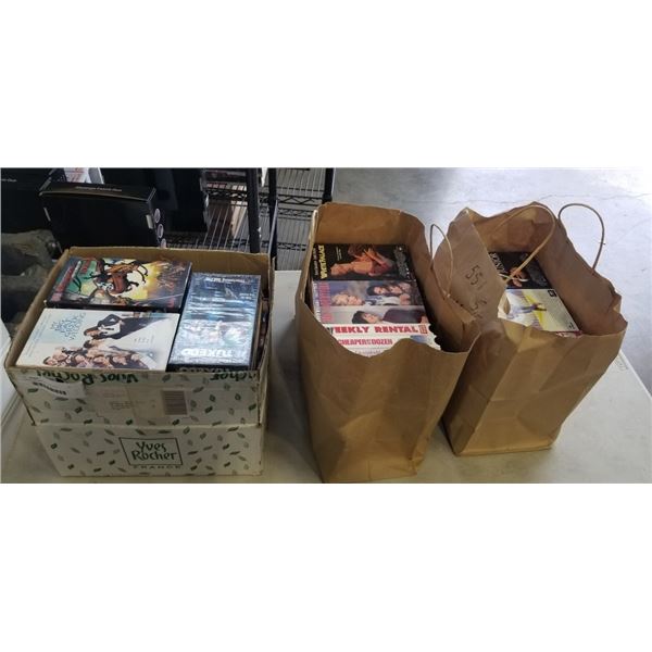2 BAGS AND BOX OF VHS TAPES