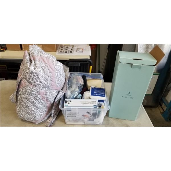 QUEENIZE BEDDING AND TOTE OF MEDICAL SUPPLY