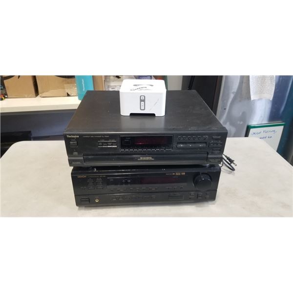 DENON SURROUND RECEIVER, TECHNICS DISC CHANGER, AND SOOS BOX