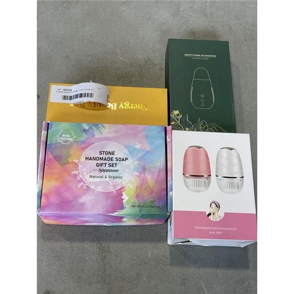 4 NEW BEAUTY ITEMS - GIFT SOAP KIT, CLENSING BRUSH, SKIN SCRUBBER, AND BEAUTY BAR