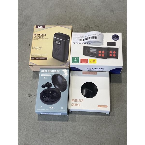 WIRELESS SPEAKER, HANDHELD GAMER, WIRELESS EARBUDS, AND WIRELESS CHARGER